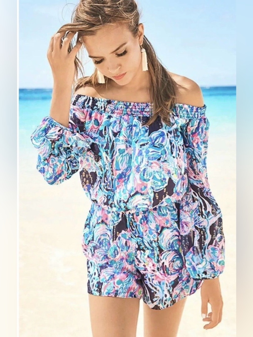 Lilly Pulitzer Myri Swirling Seadream Silk Metallic Romper Blue Pink Small